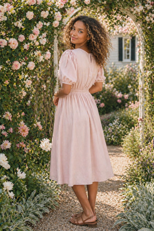 Bow Detail Short Puff Sleeves A-line Below Knee Length Dress- Pink