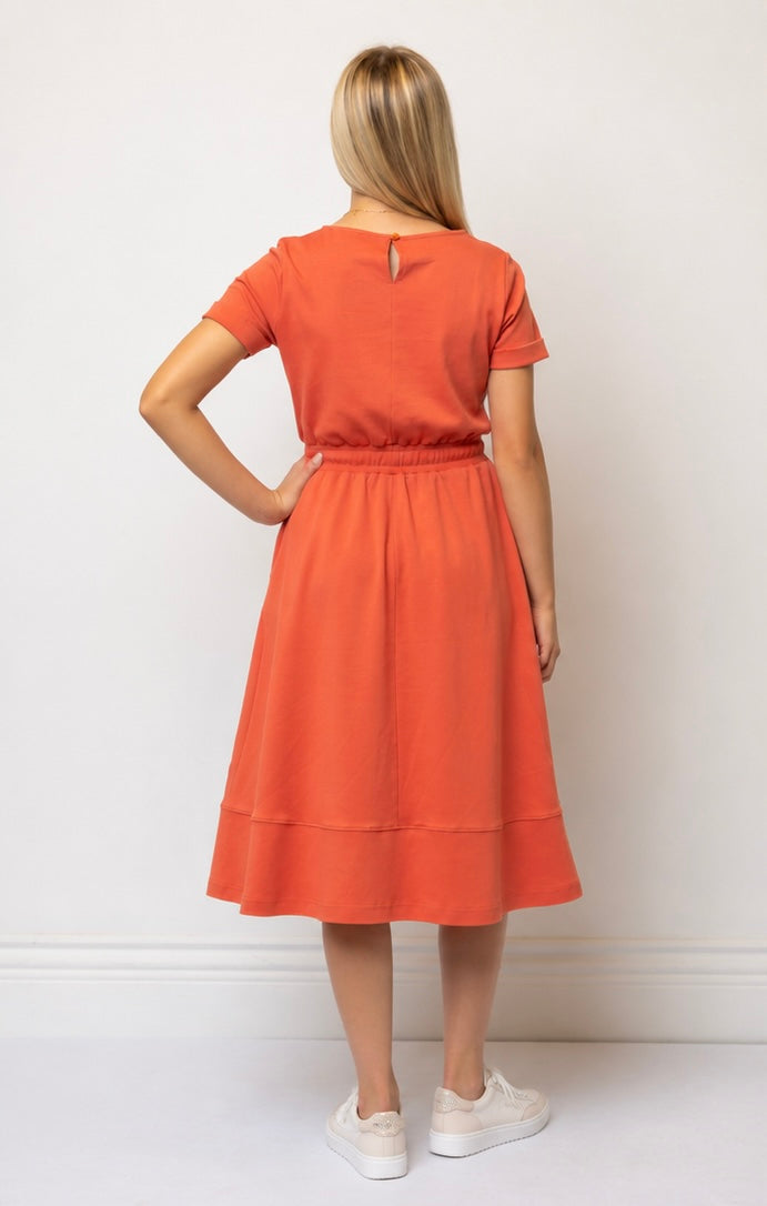 Short Sleeve Knit A-line Dress Knee Length - Persimmon Ponte Cotton Knit