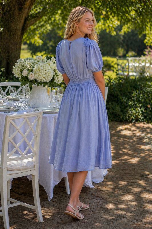 Bow Detail Short Puff Sleeves A-line Below Knee Length Dress- Blue