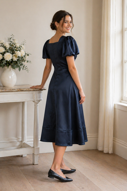 Fit-and-Flare Puff Sleeve Square Neckline Tailored Dress Navy