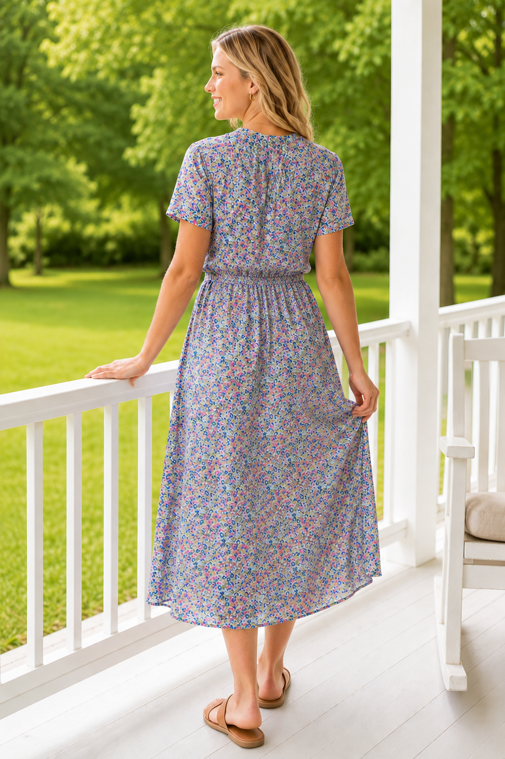 Short Sleeve Floral Midi Length Shirtdress Tie Waist- Green/Pink