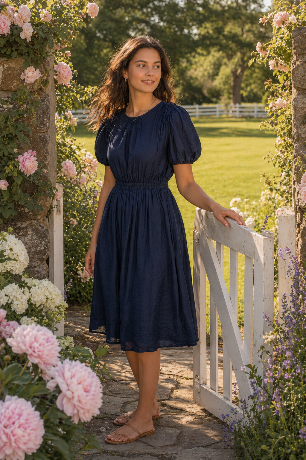 Bow Detail Short Puff Sleeves A-line Below Knee Length Dress- Navy