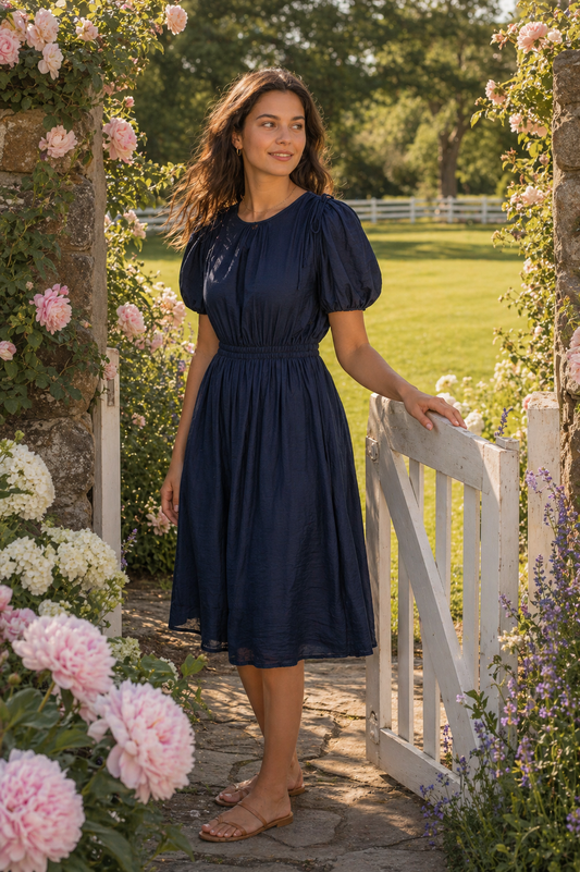 Bow Detail Short Puff Sleeves A-line Below Knee Length Dress- Navy