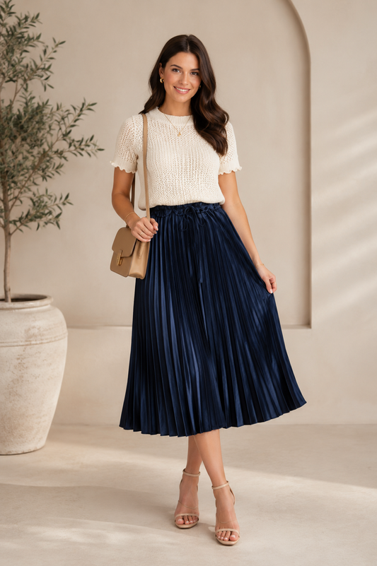 Satin Pleated Drawstring Waist Midi Length Skirt- Navy