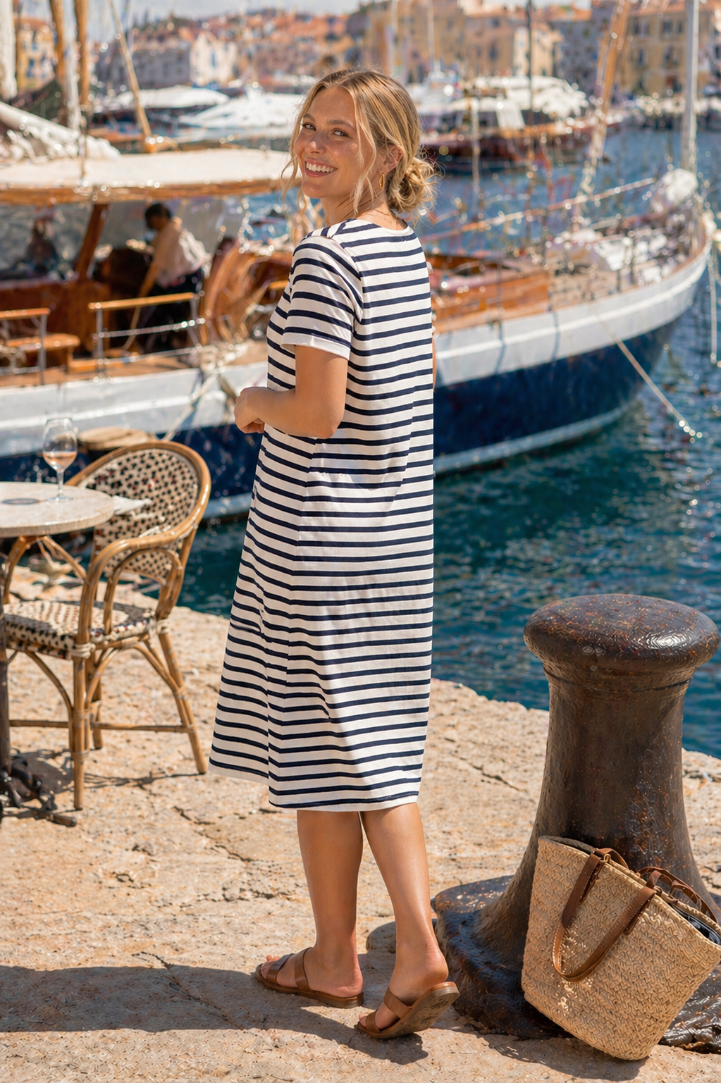 Short Sleeve A-line Striped Below Knee Dress- Navy/Cream Stripe Ponte Cotton Knit