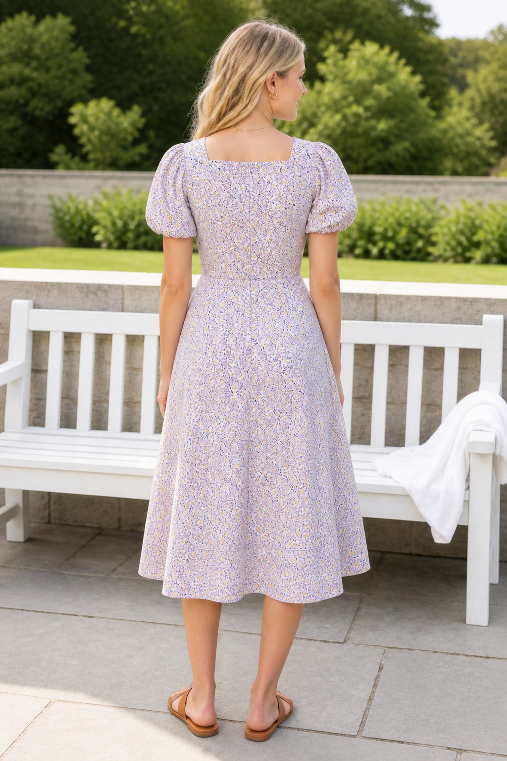 Fit-and-Flare Puff Sleeve Square Neckline Tailored Dress- White Floral