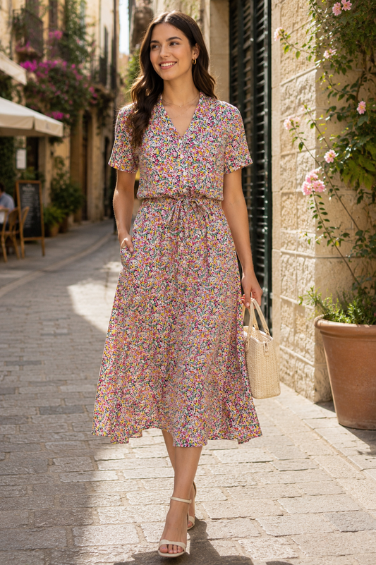 Short Sleeve Floral Midi Length Shirtdress Tie Waist- Black/Salmon