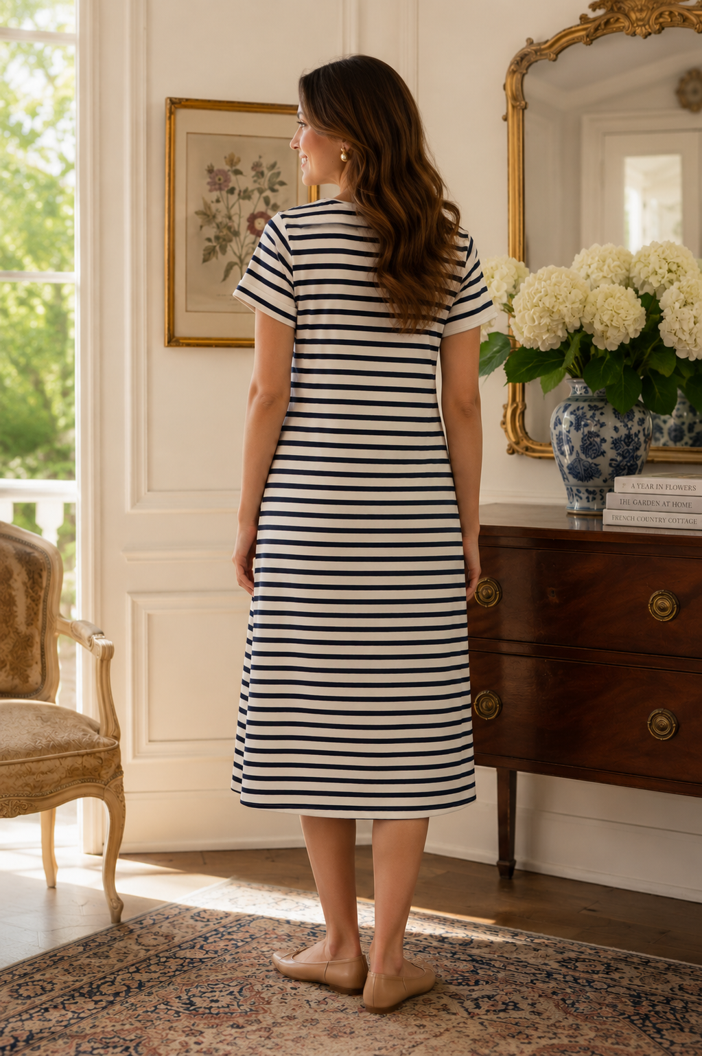 Short Sleeve A-line Striped Below Knee Dress- Navy/Cream Stripe Ponte Cotton Knit