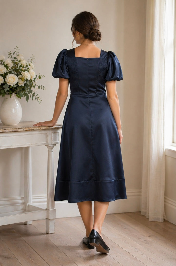 Fit-and-Flare Puff Sleeve Square Neckline Tailored Dress Navy