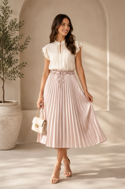 Satin Pleated Drawstring Waist Midi Length Skirt- Champagne