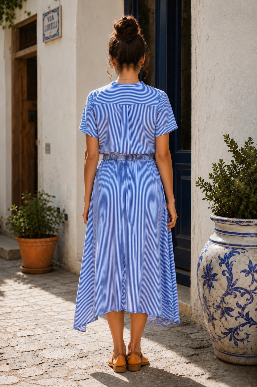 Short Sleeve Floral Midi Length Shirtdress Tie Waist- Blue/White Stripe