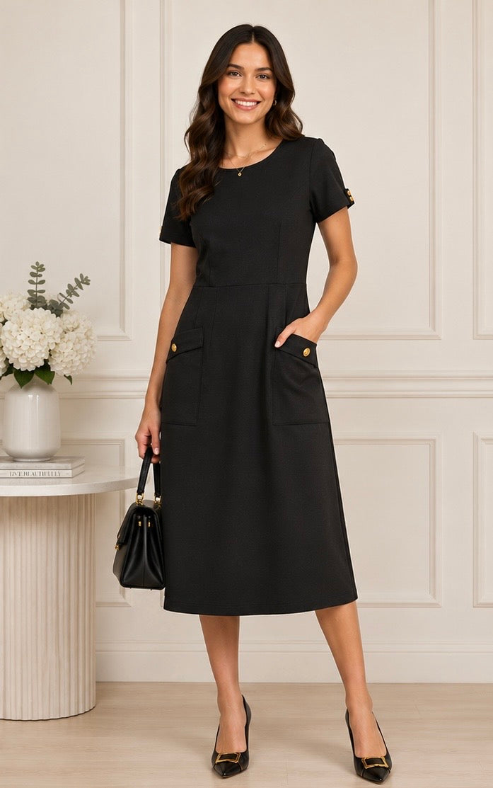Ponte Knit Structured A-line Sheath Dress- Black