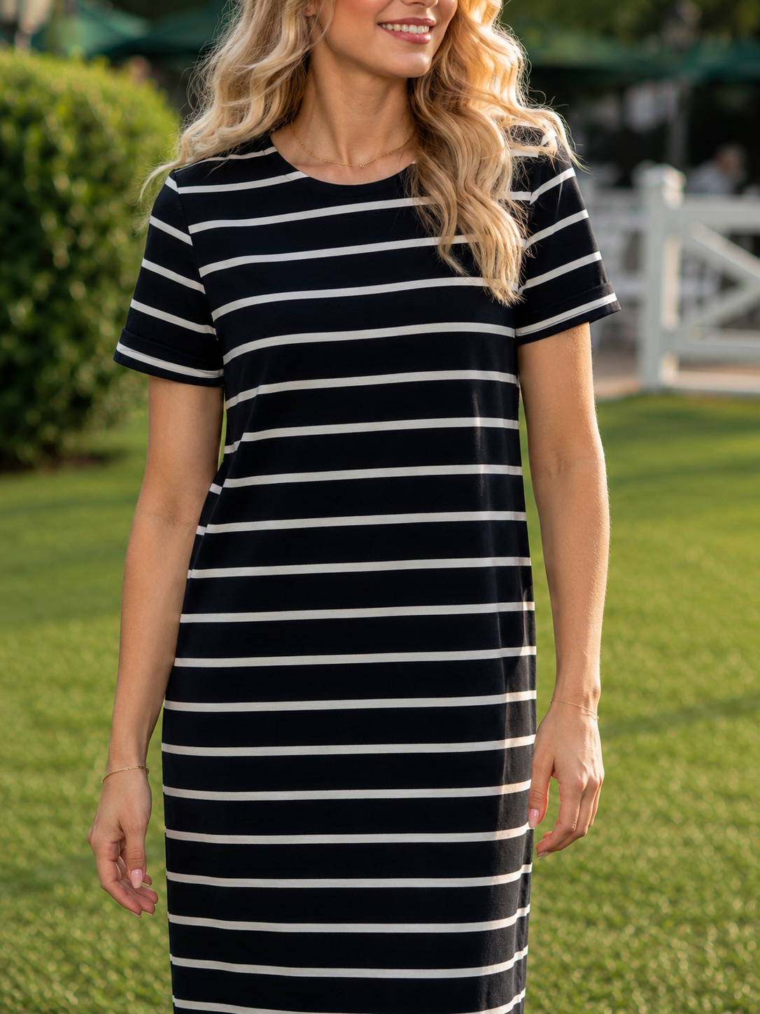 Short Sleeve A-line Striped Below Knee Dress- White/Black Stripe Ponte Cotton Knit