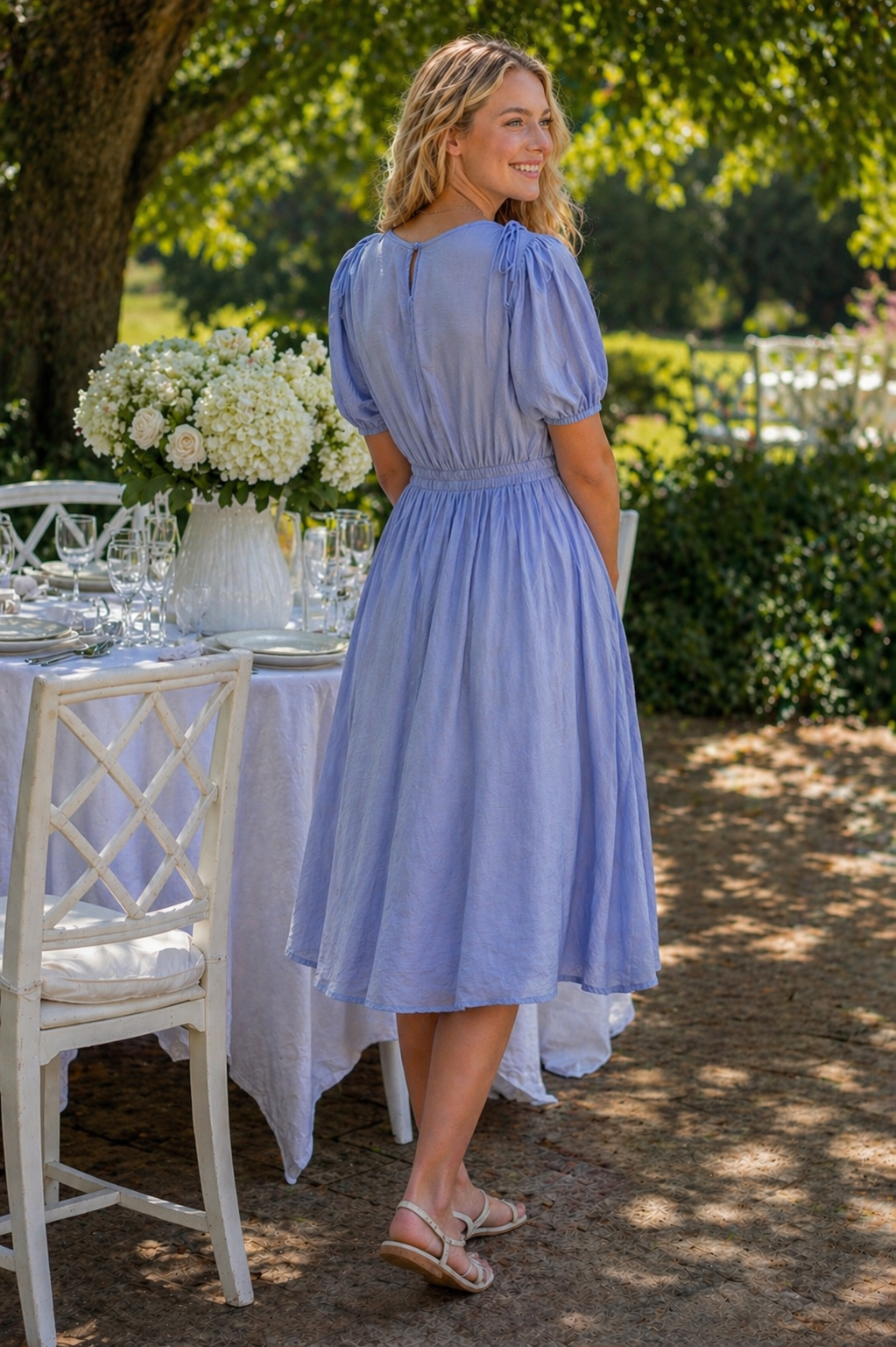 Bow Detail Short Puff Sleeves A-line Below Knee Length Dress- Blue