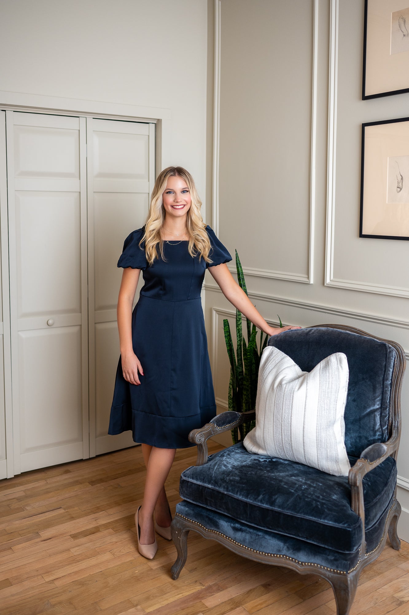 Fit-and-Flare Puff Sleeve Square Neckline Tailored Dress Navy