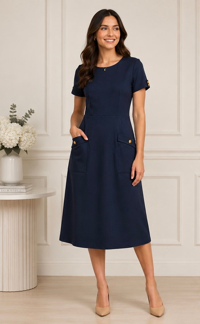 Ponte Knit Structured A-line Sheath Dress- Navy