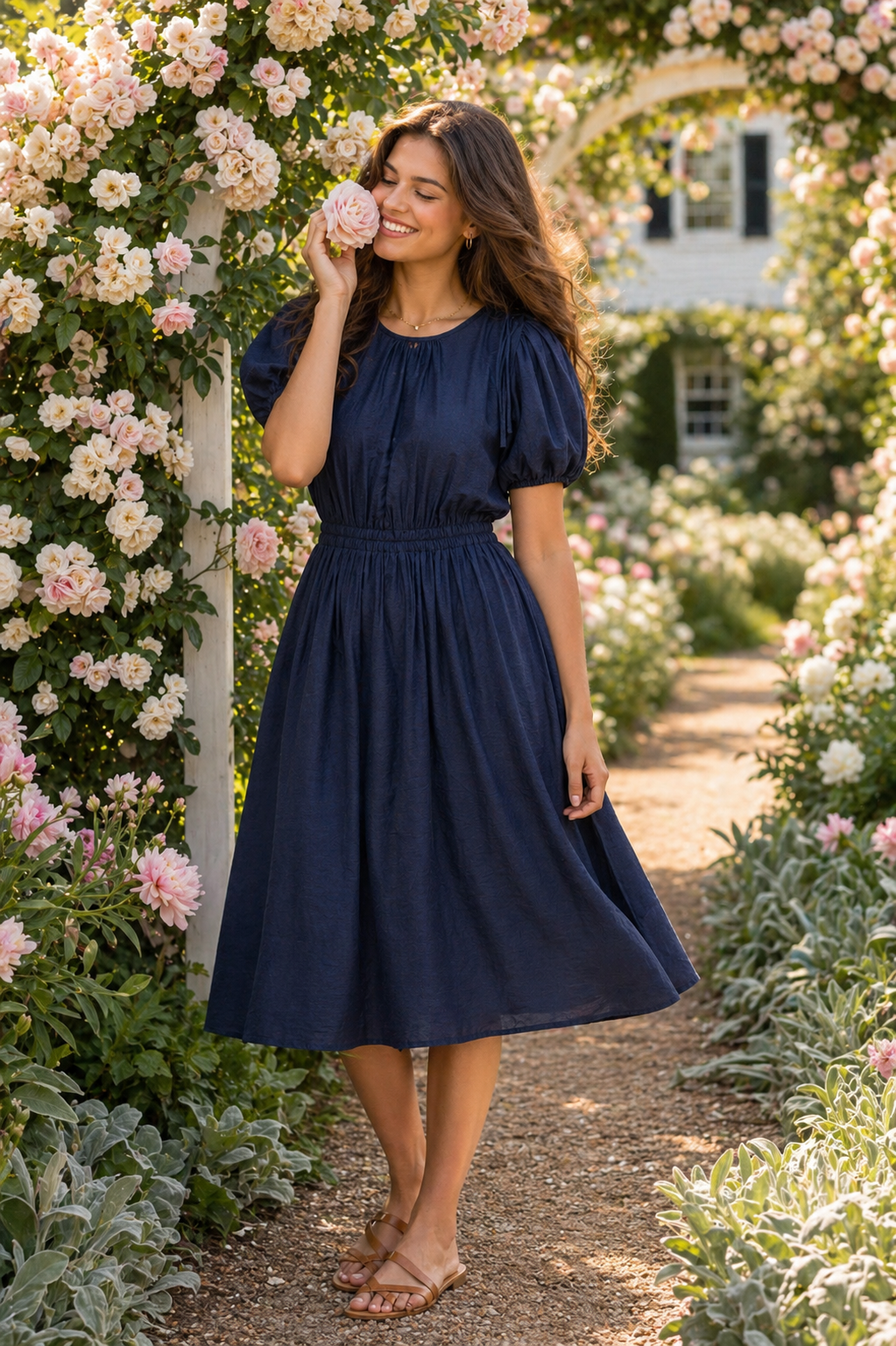 Bow Detail Short Puff Sleeves A-line Below Knee Length Dress- Navy