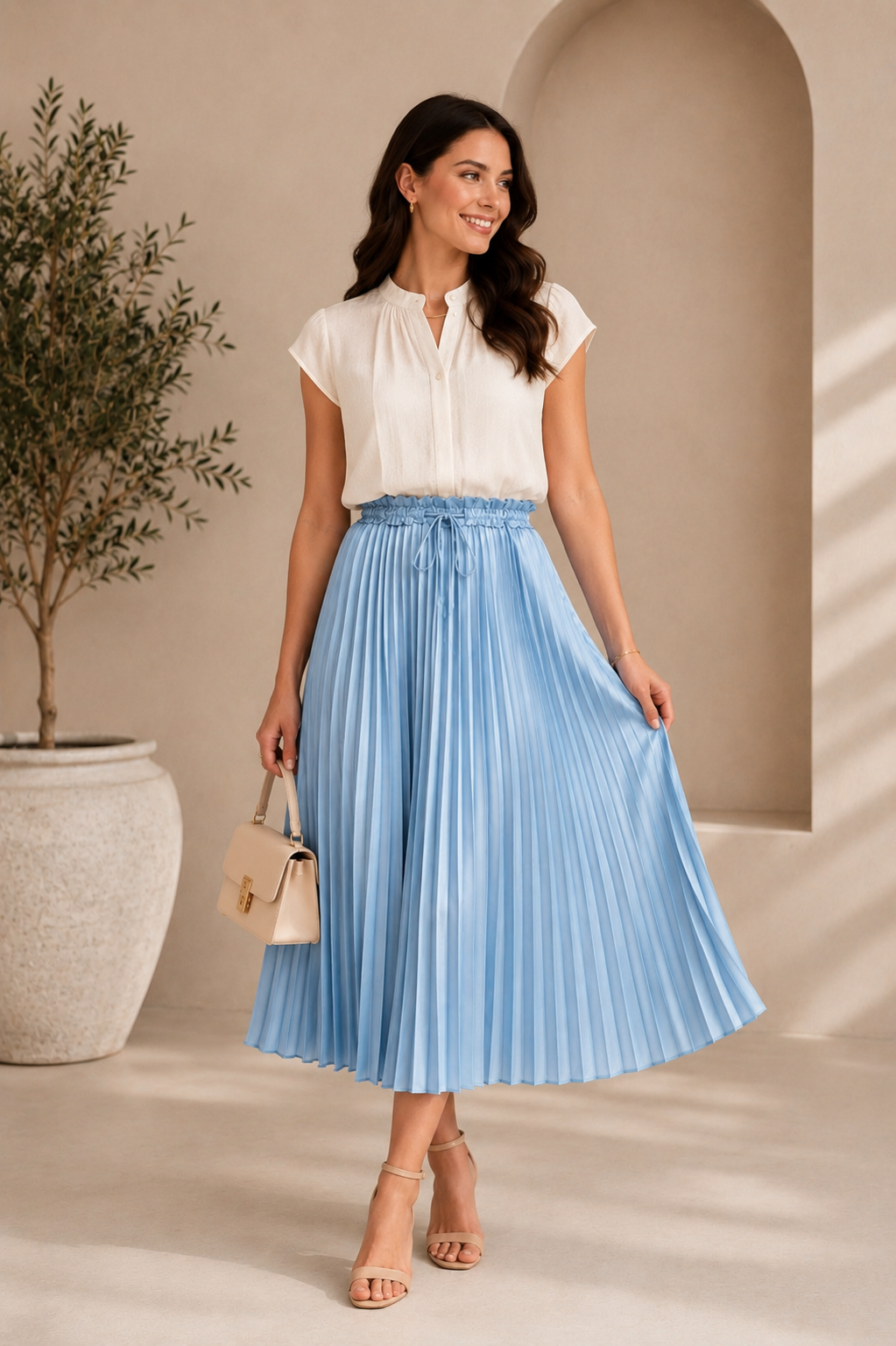 Satin Pleated Drawstring Waist Midi Length Skirt- Powder Blue