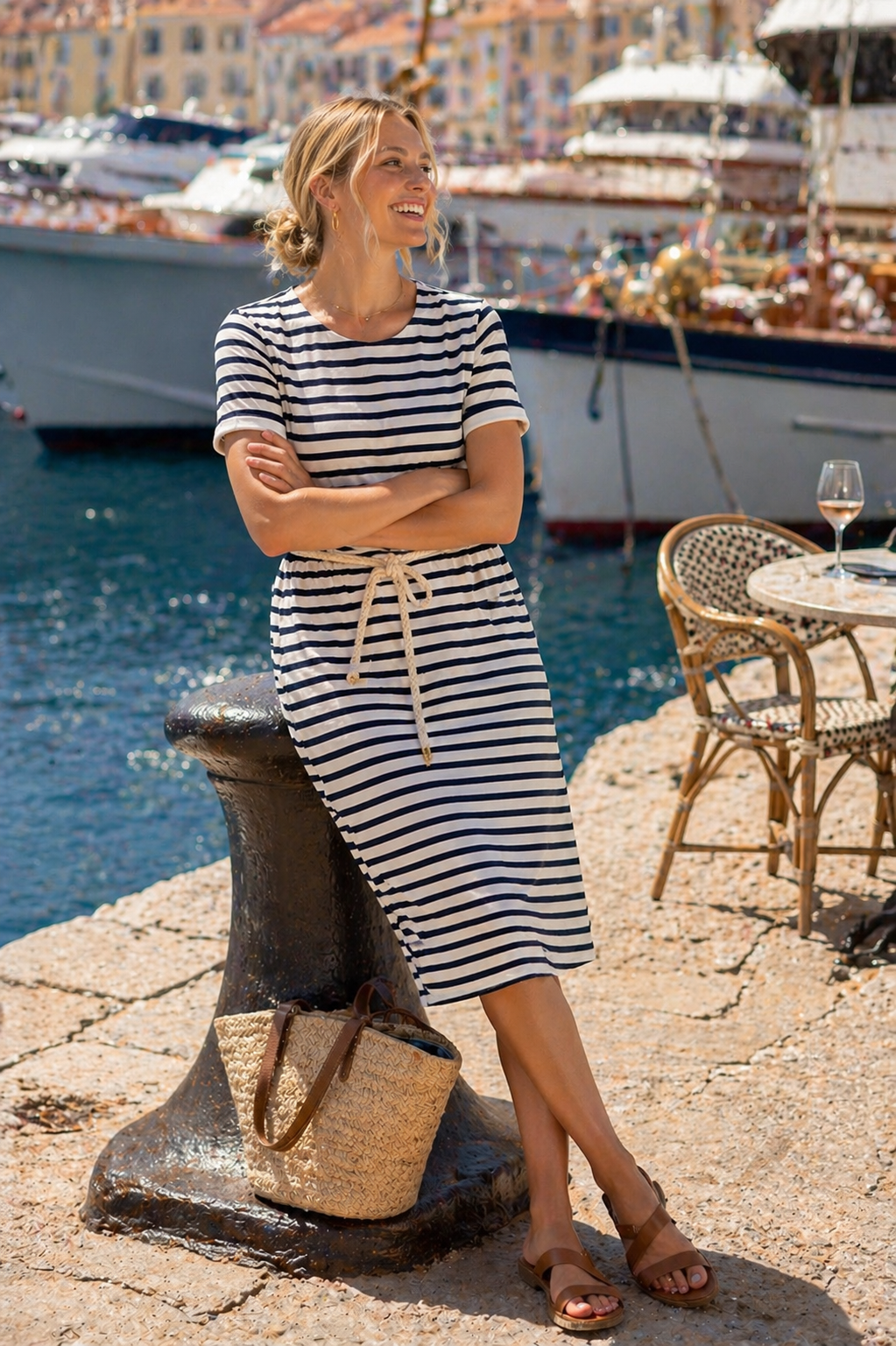 Short Sleeve A-line Striped Below Knee Dress- Navy/Cream Stripe Ponte Cotton Knit