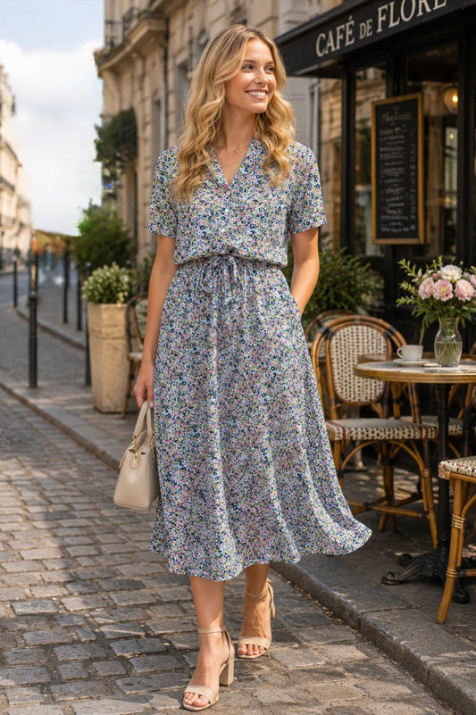 Short Sleeve Floral Midi Length Shirtdress Tie Waist- Green/Pink
