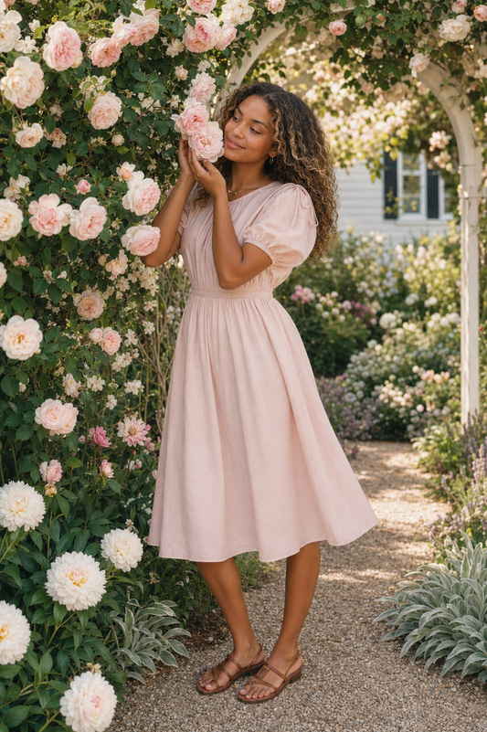 Bow Detail Short Puff Sleeves A-line Below Knee Length Dress- Pink