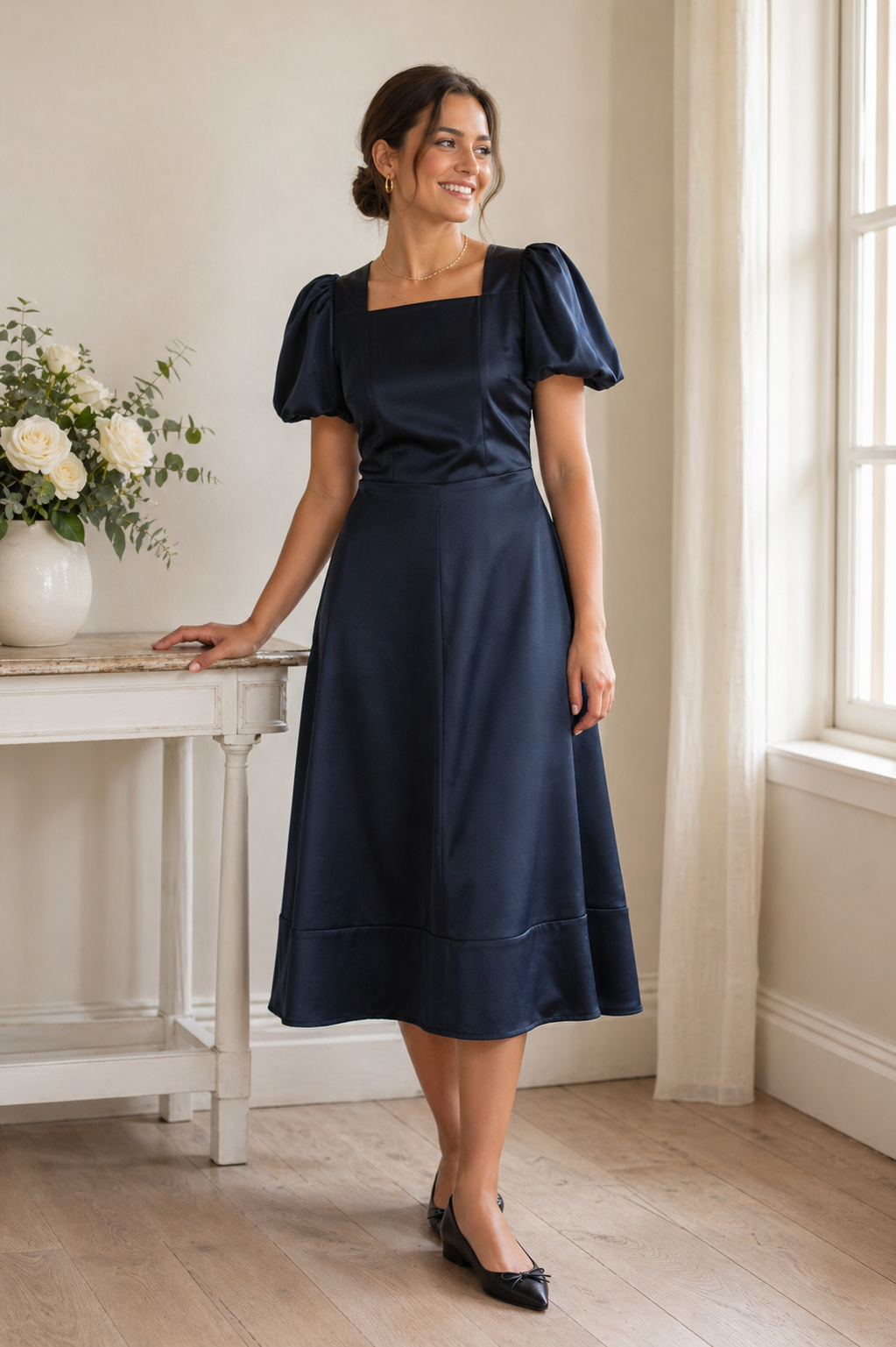 Fit-and-Flare Puff Sleeve Square Neckline Tailored Dress Navy