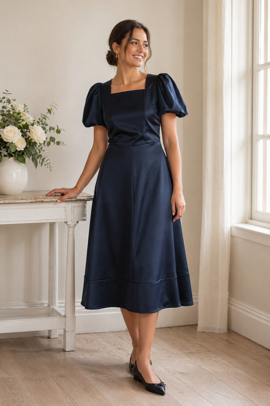 Fit-and-Flare Puff Sleeve Square Neckline Tailored Dress Navy