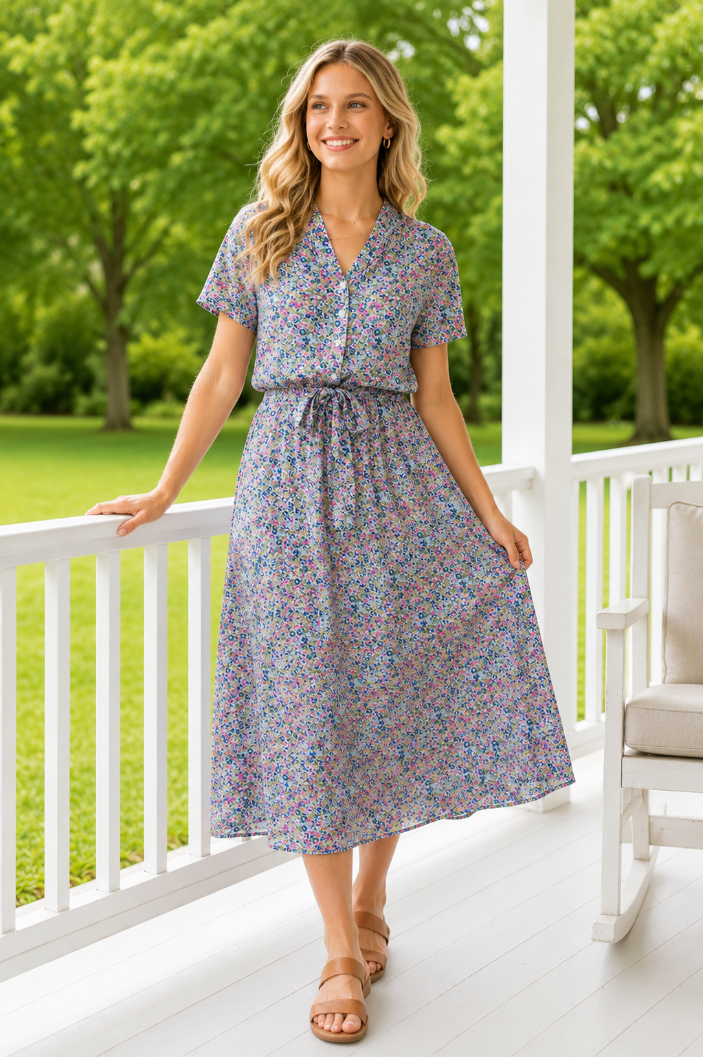 Short Sleeve Floral Midi Length Shirtdress Tie Waist- Green/Pink