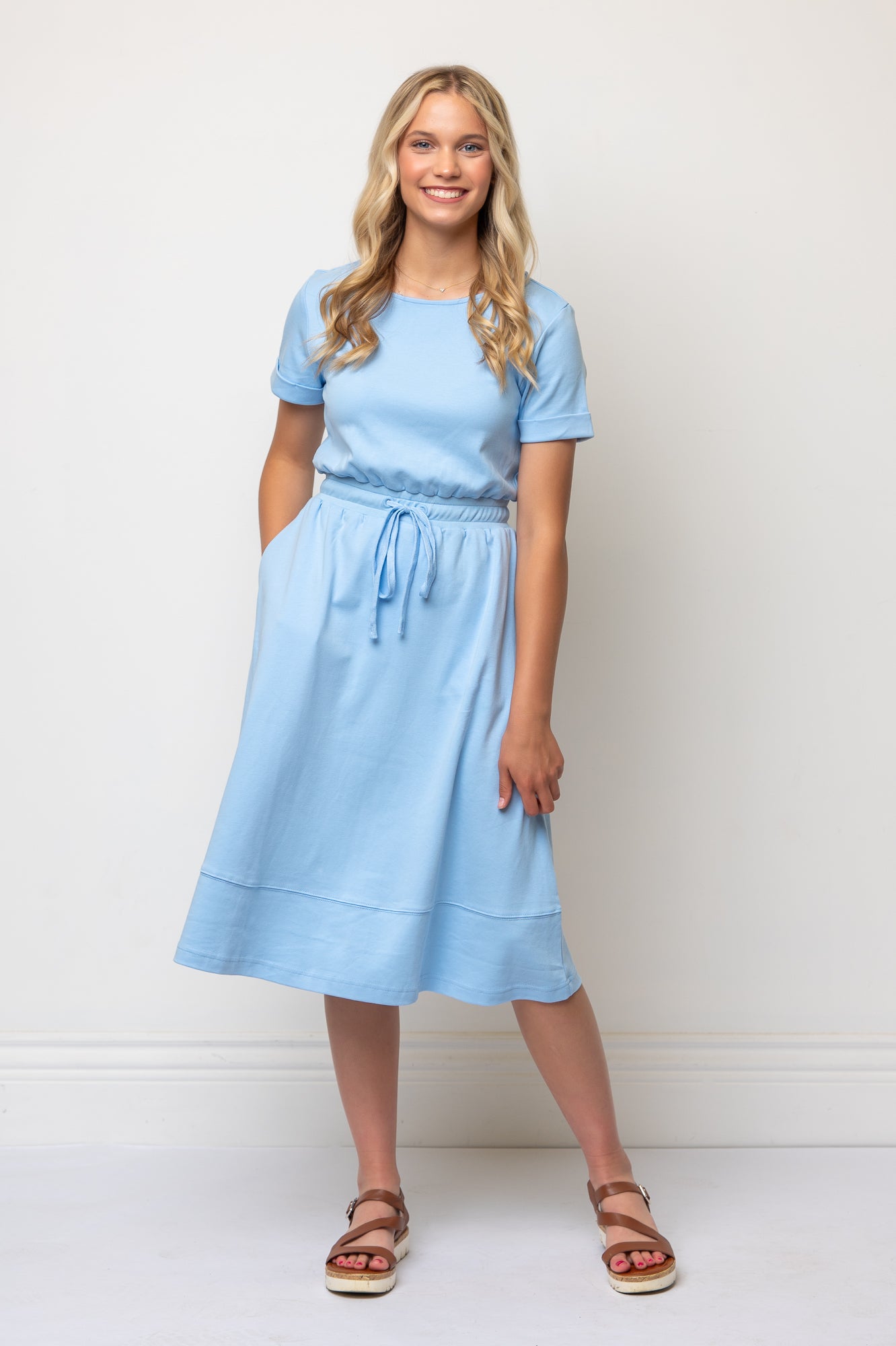 Short Sleeve Knit A-line Dress Knee Length - Sky Blue Ponte Cotton Knit