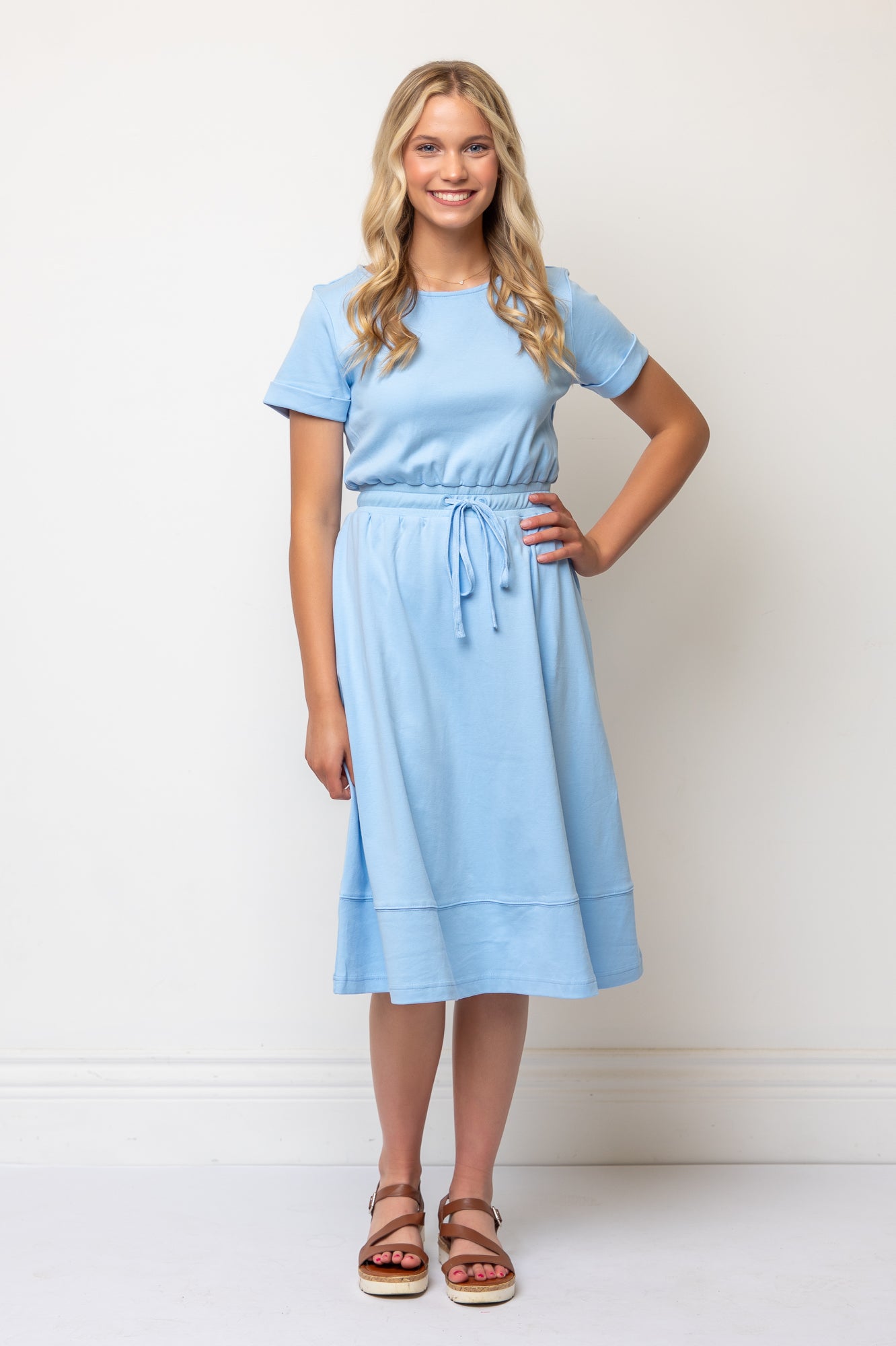 Short Sleeve Knit A-line Dress Knee Length - Sky Blue Ponte Cotton Knit