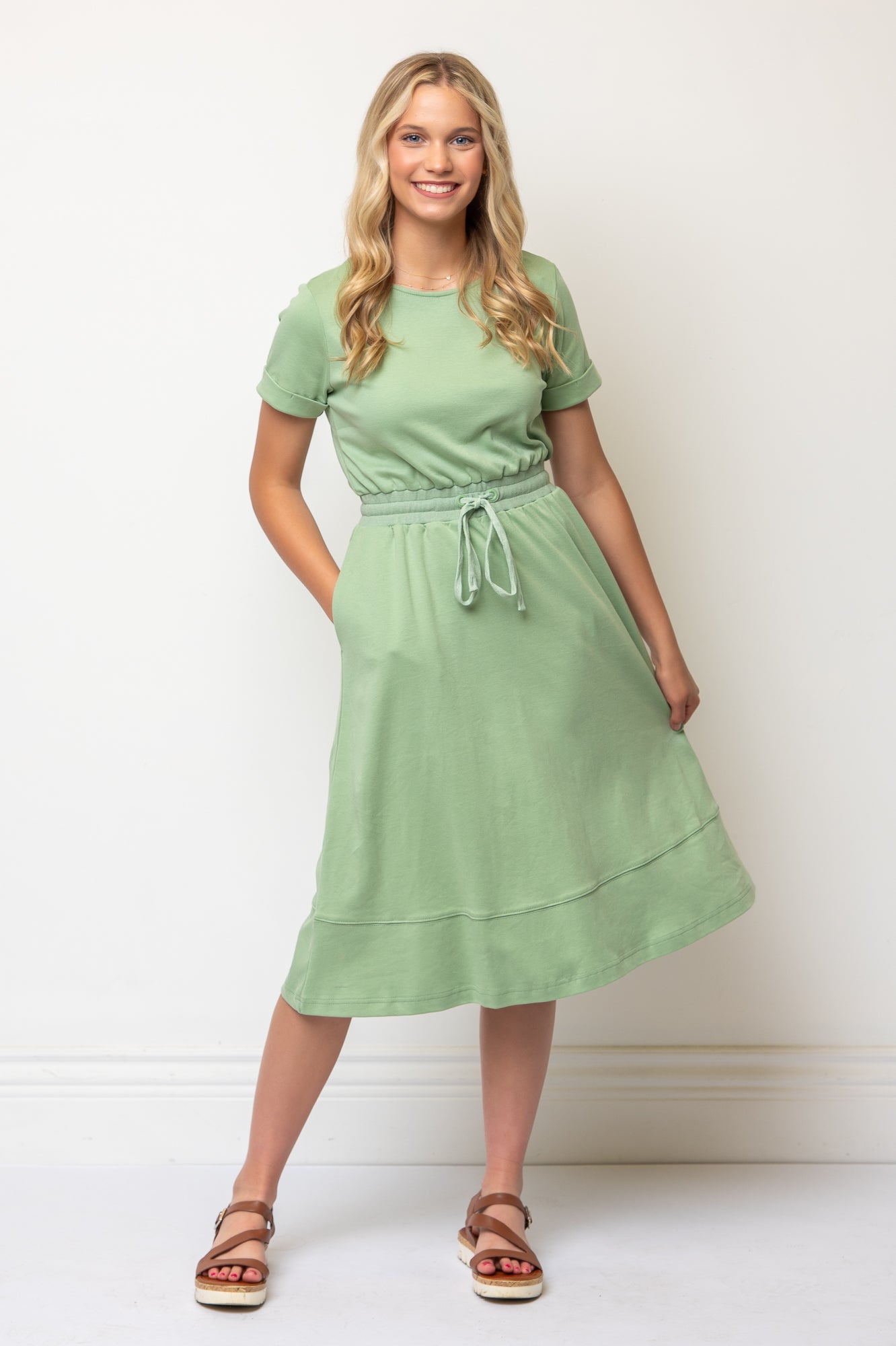 Short Sleeve Knit A-line Dress Knee Length - Green Ponte Cotton Knit