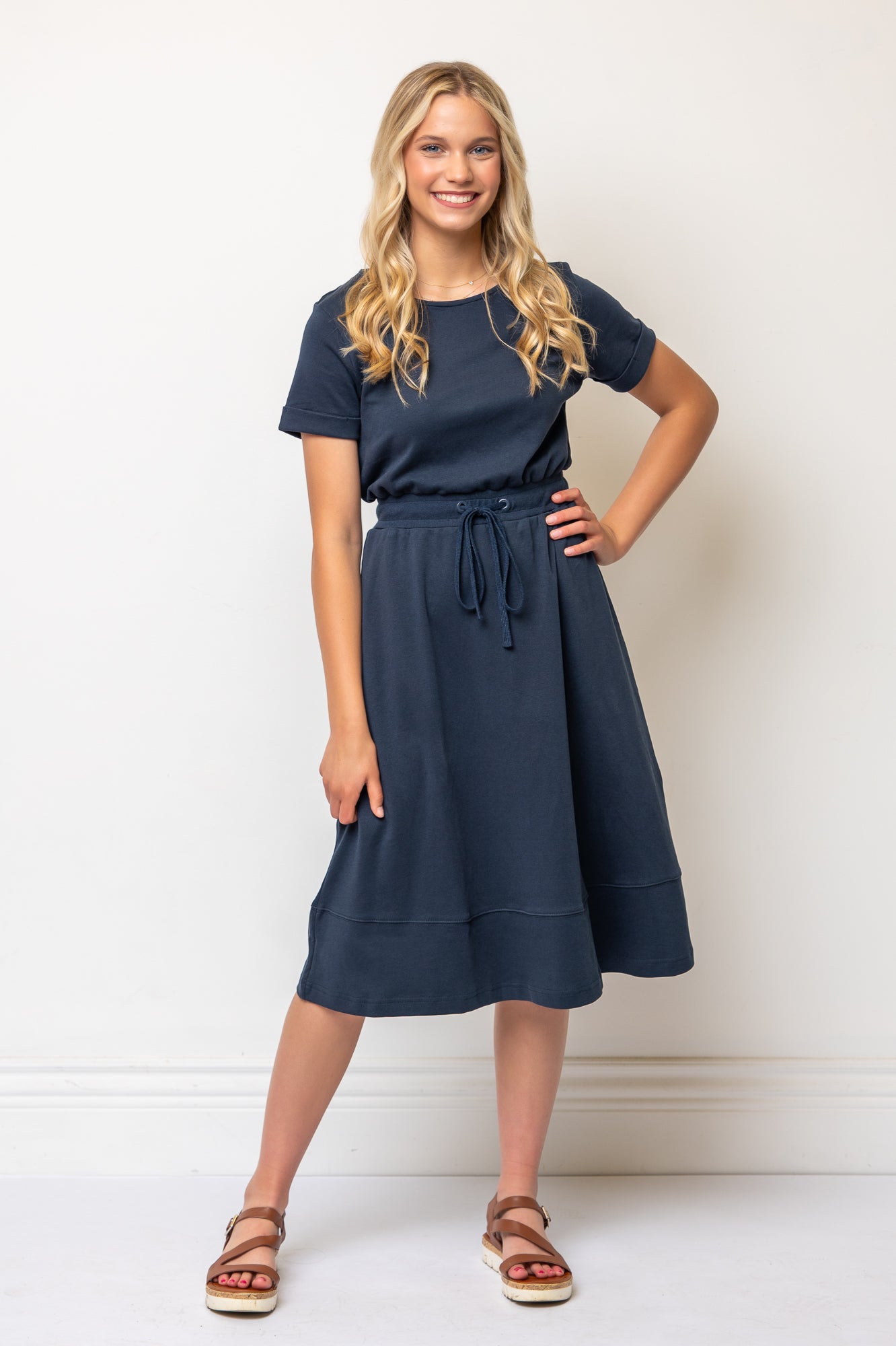 Short Sleeve Knit A-line Dress Knee Length - Navy Blue Ponte Cotton Knit