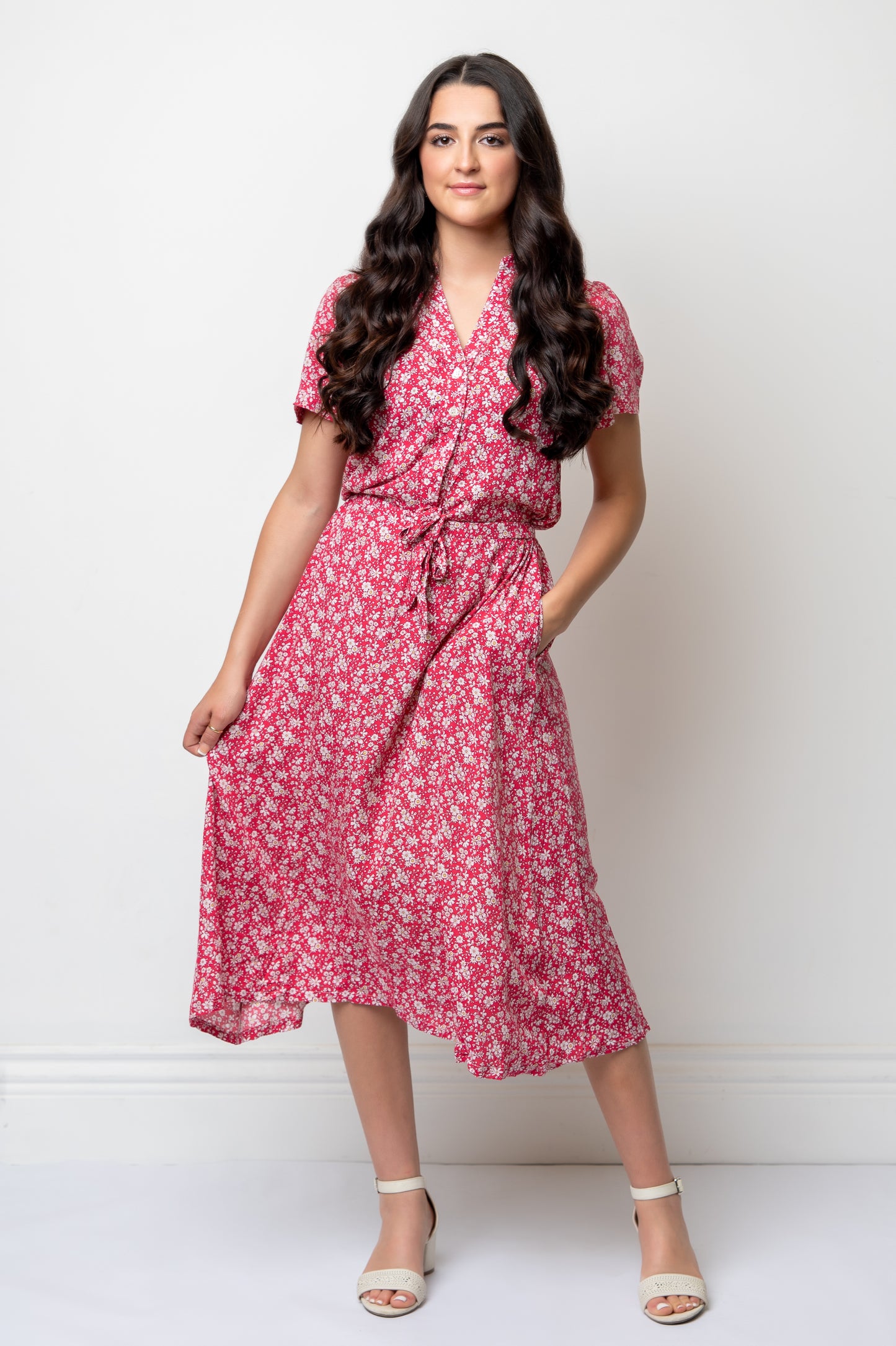 Short Sleeve Floral Midi Length Shirtdress Tie Waist- Salmon