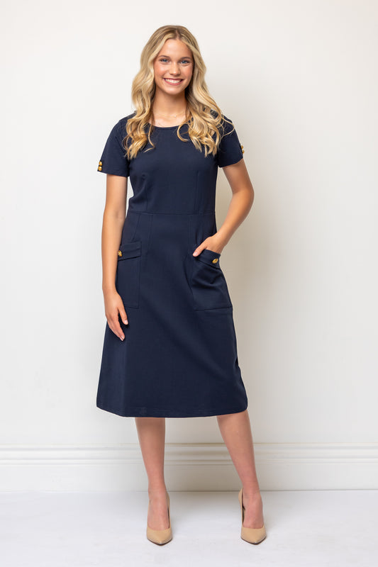 Ponte Knit Structured A-line Sheath Dress- Navy