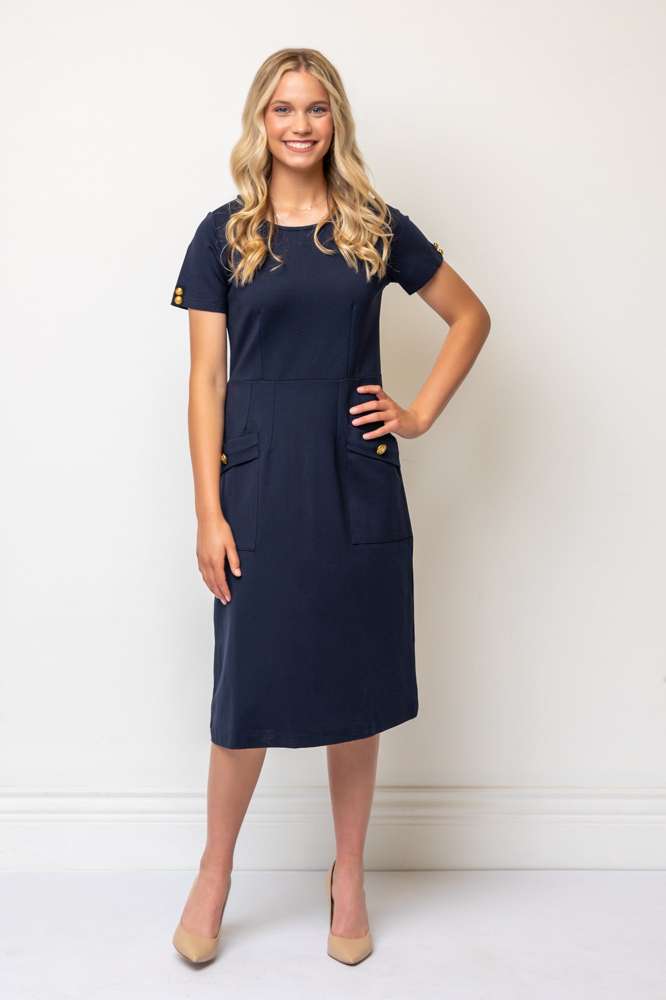 Ponte Knit Structured A-line Sheath Dress- Navy