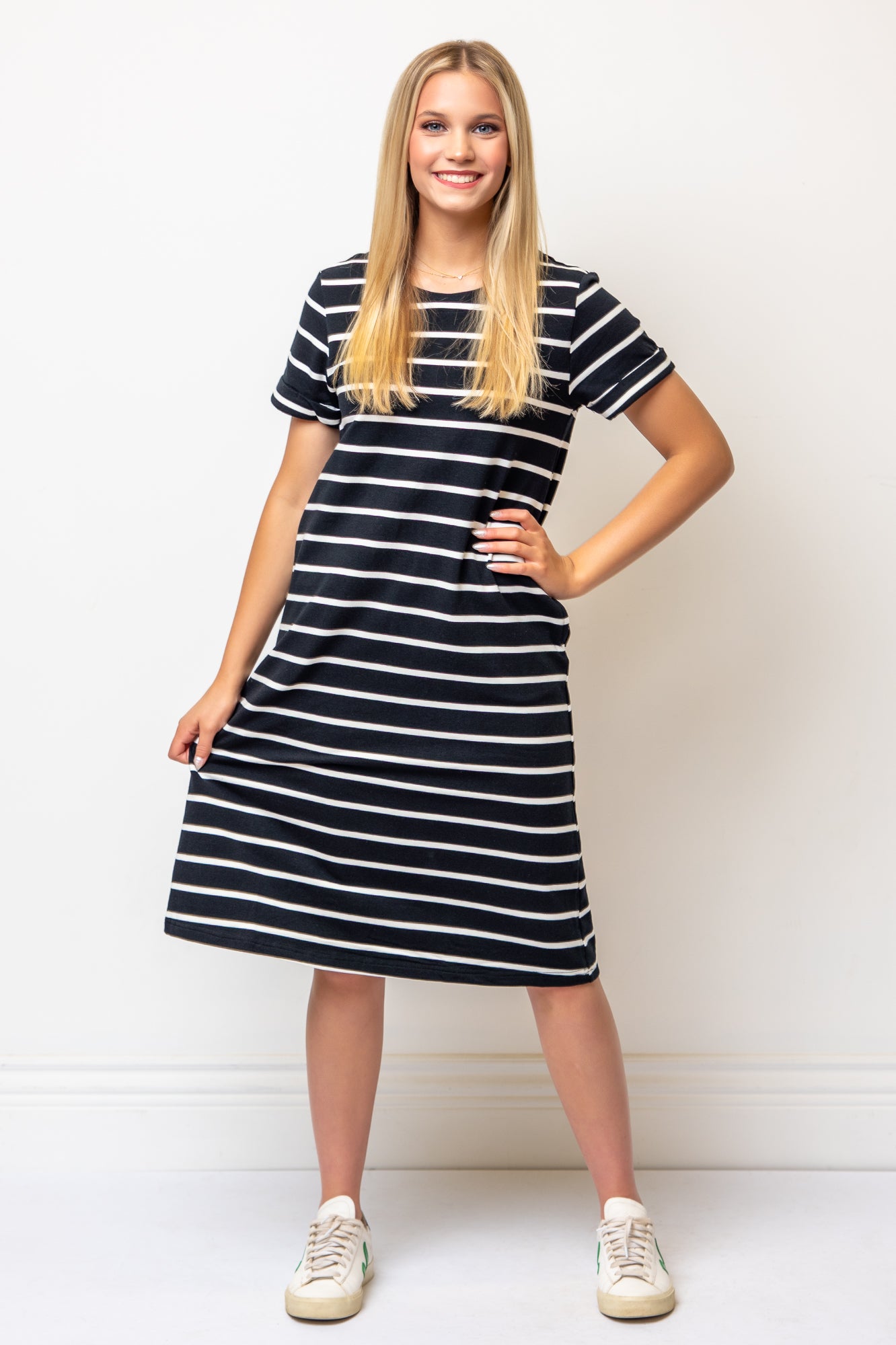 Short Sleeve A-line Striped Below Knee Dress- White/Black Stripe Ponte Cotton Knit