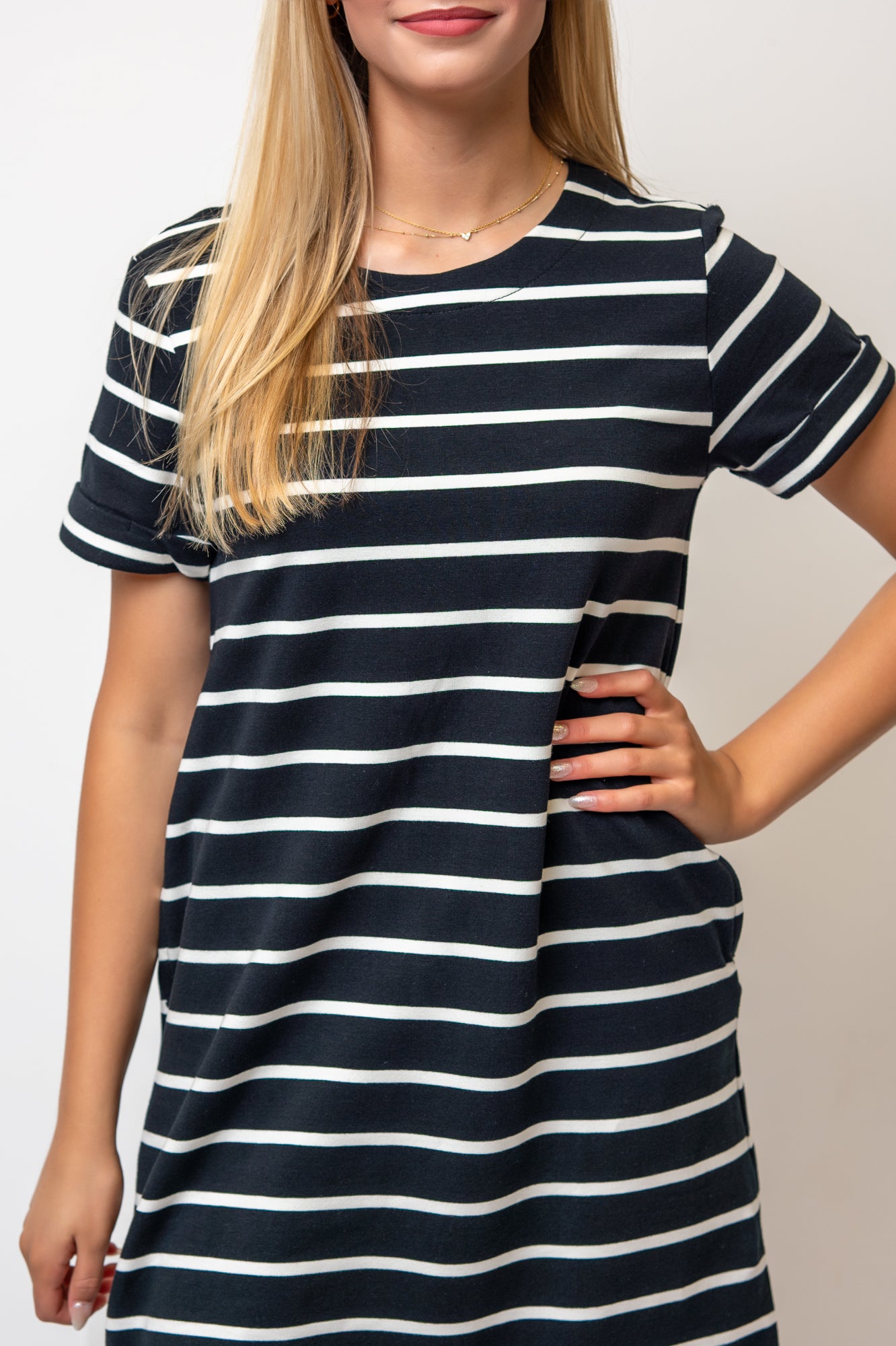Short Sleeve A-line Striped Below Knee Dress- White/Black Stripe Ponte Cotton Knit