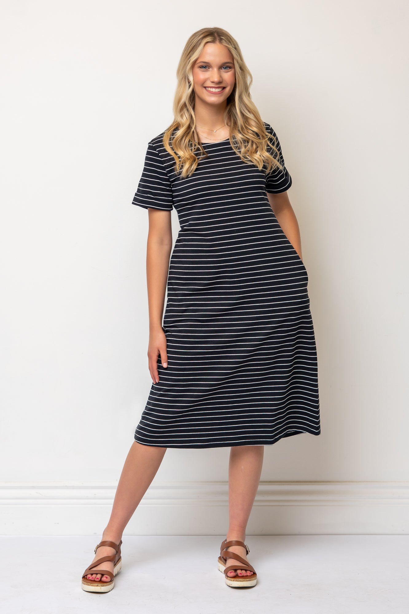 Short Sleeve Aline Striped Below Knee Dress- Black/White Stripe