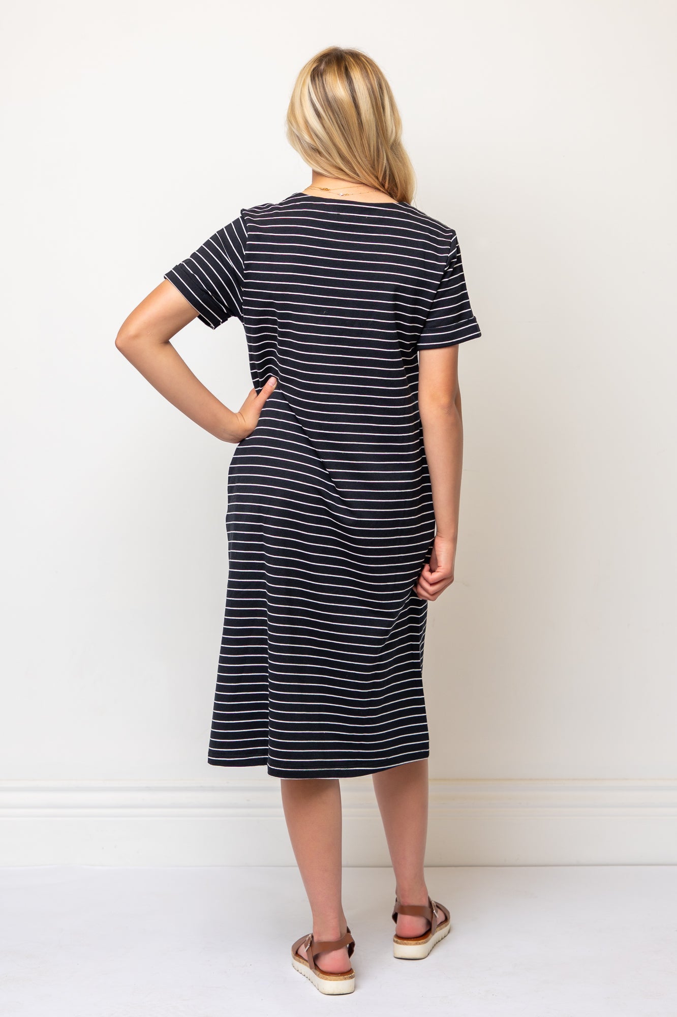 Short Sleeve Aline Striped Below Knee Dress- Black/White Stripe