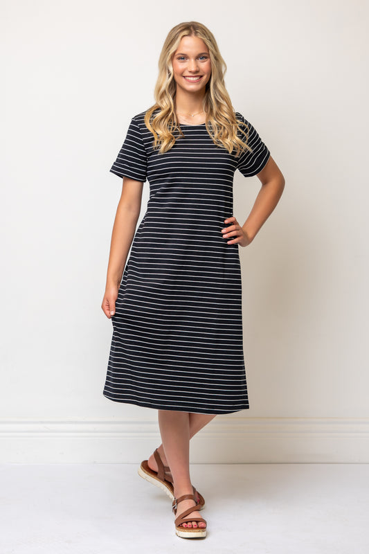 Short Sleeve Aline Striped Below Knee Dress- Black/White Stripe