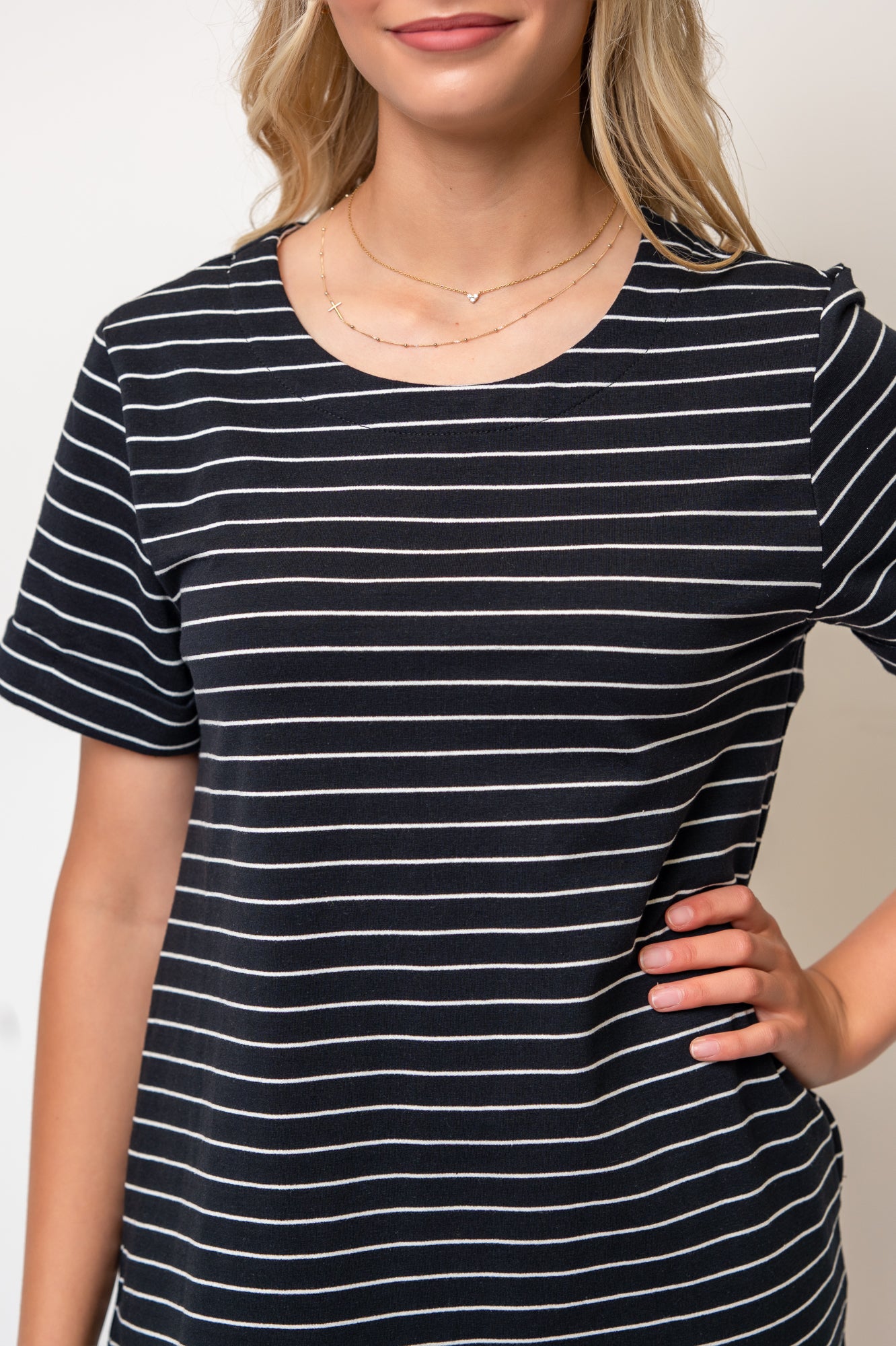 Short Sleeve Aline Striped Below Knee Dress- Black/White Stripe