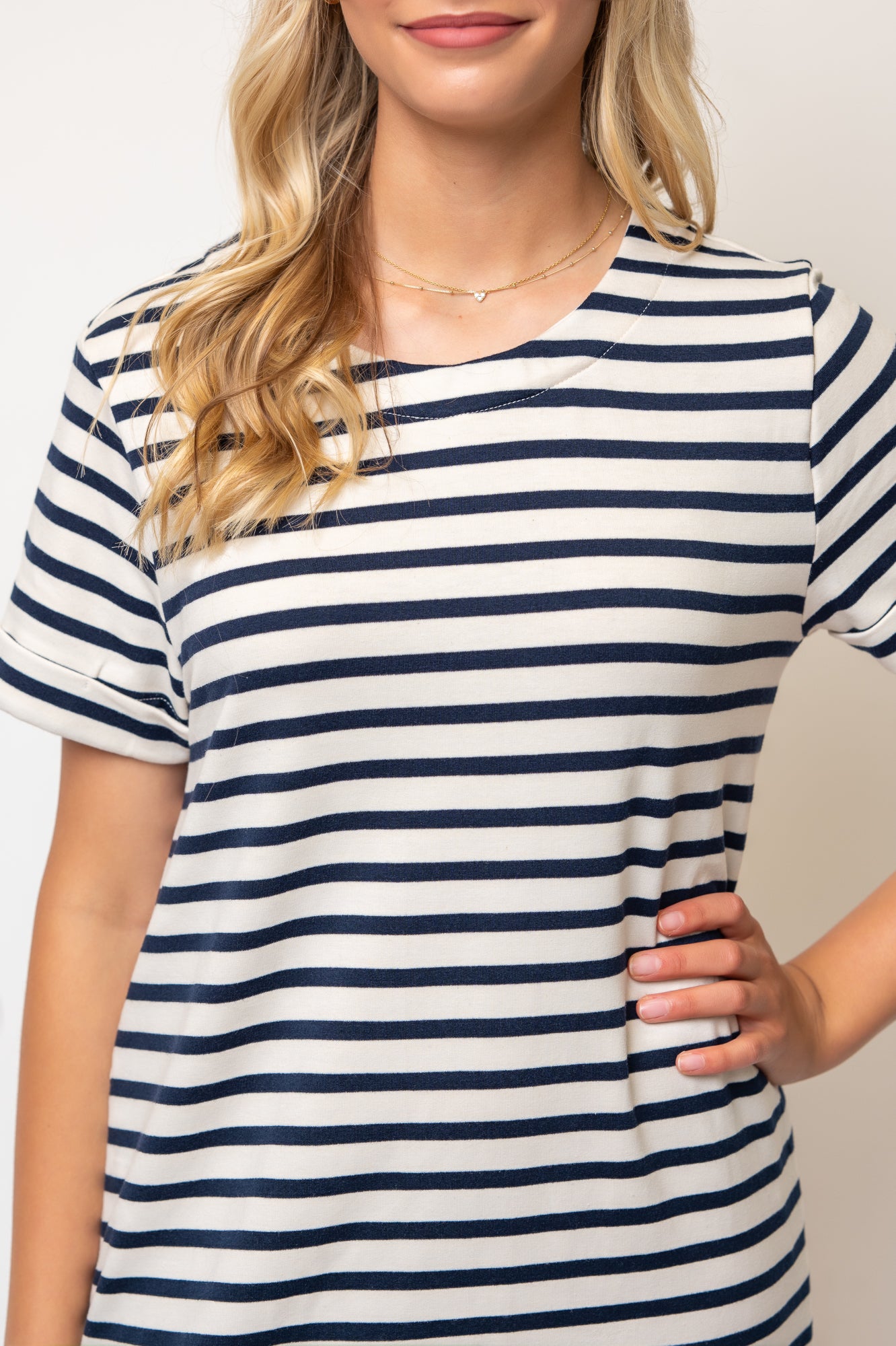Short Sleeve A-line Striped Below Knee Dress- Navy/Cream Stripe Ponte Cotton Knit