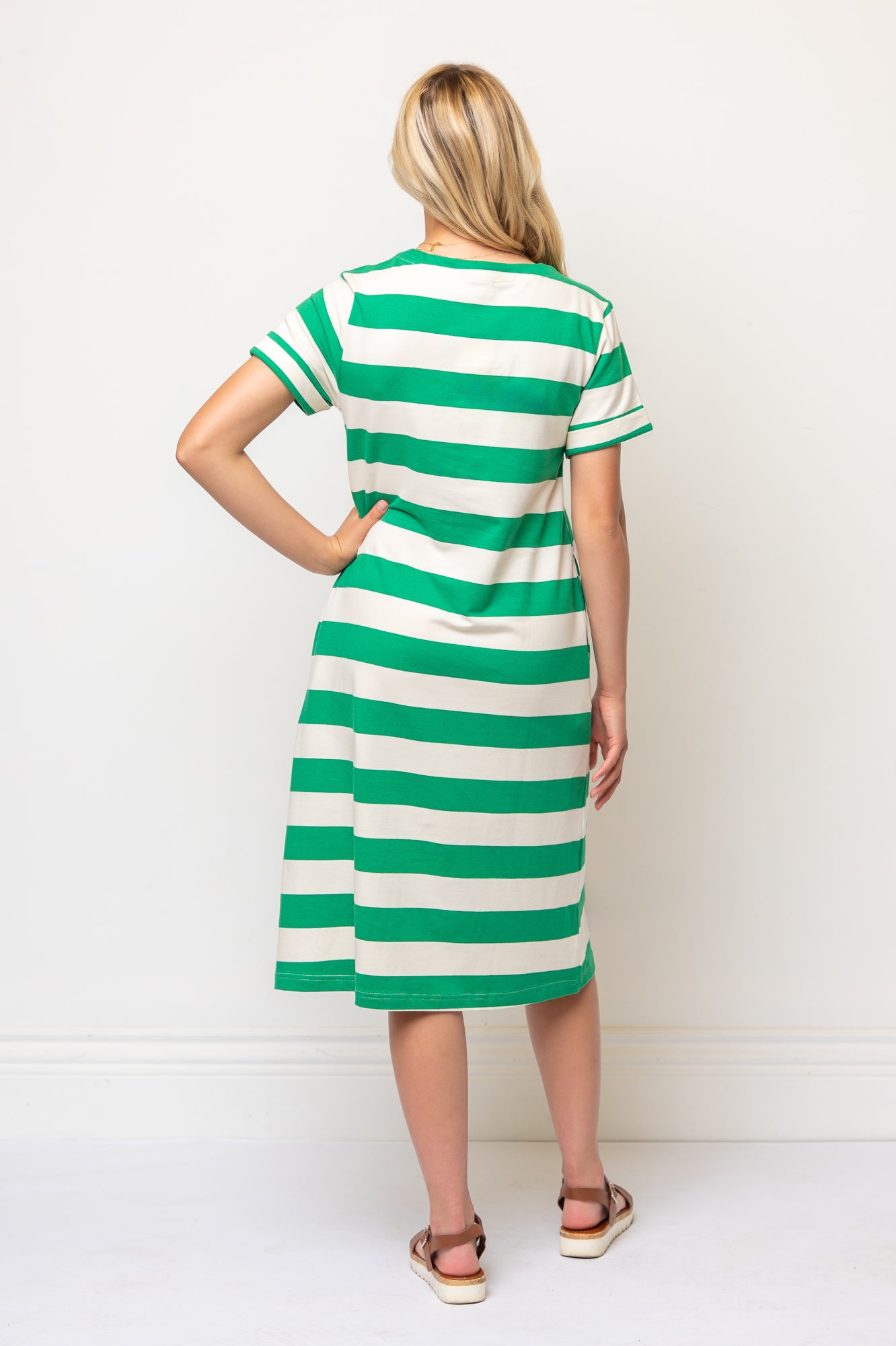 Short Sleeve Aline Striped Below Knee Dress- Green/Beige Stripe
