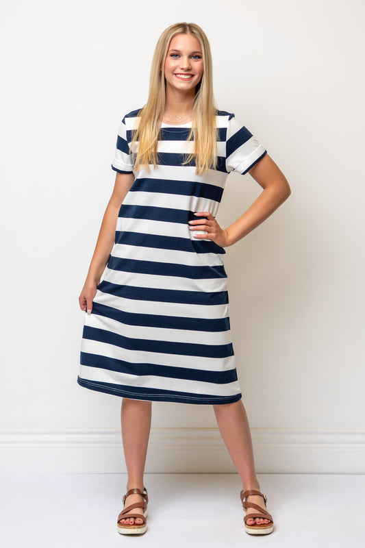 Short Sleeve Aline Striped Below Knee Dress- Navy/Beige Stripe