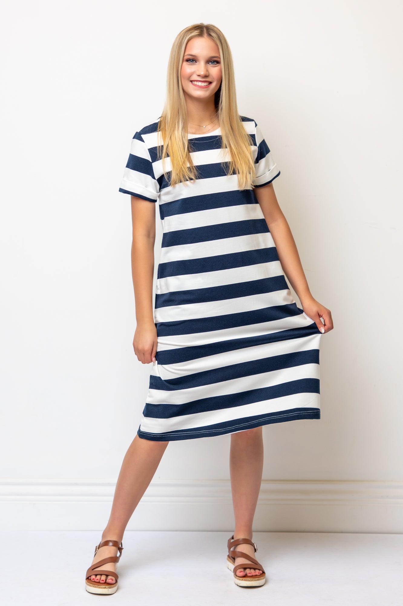 Short Sleeve A-line Striped Below Knee Dress- Navy/white Stripe Ponte Cotton Knit