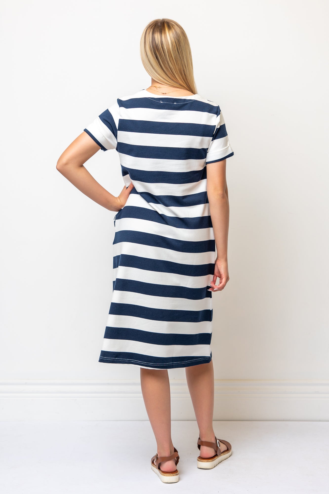 Short Sleeve A-line Striped Below Knee Dress- Navy/white Stripe Ponte Cotton Knit