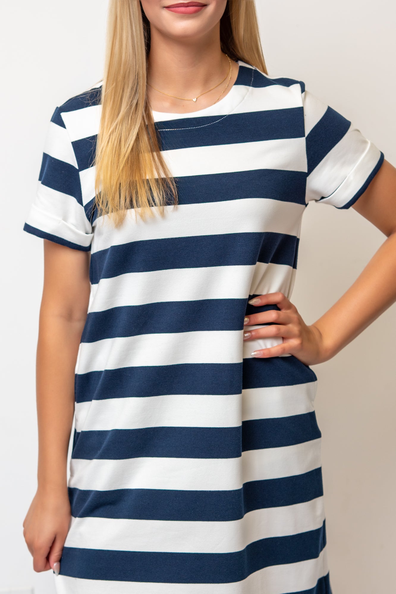 Short Sleeve A-line Striped Below Knee Dress- Navy/white Stripe Ponte Cotton Knit