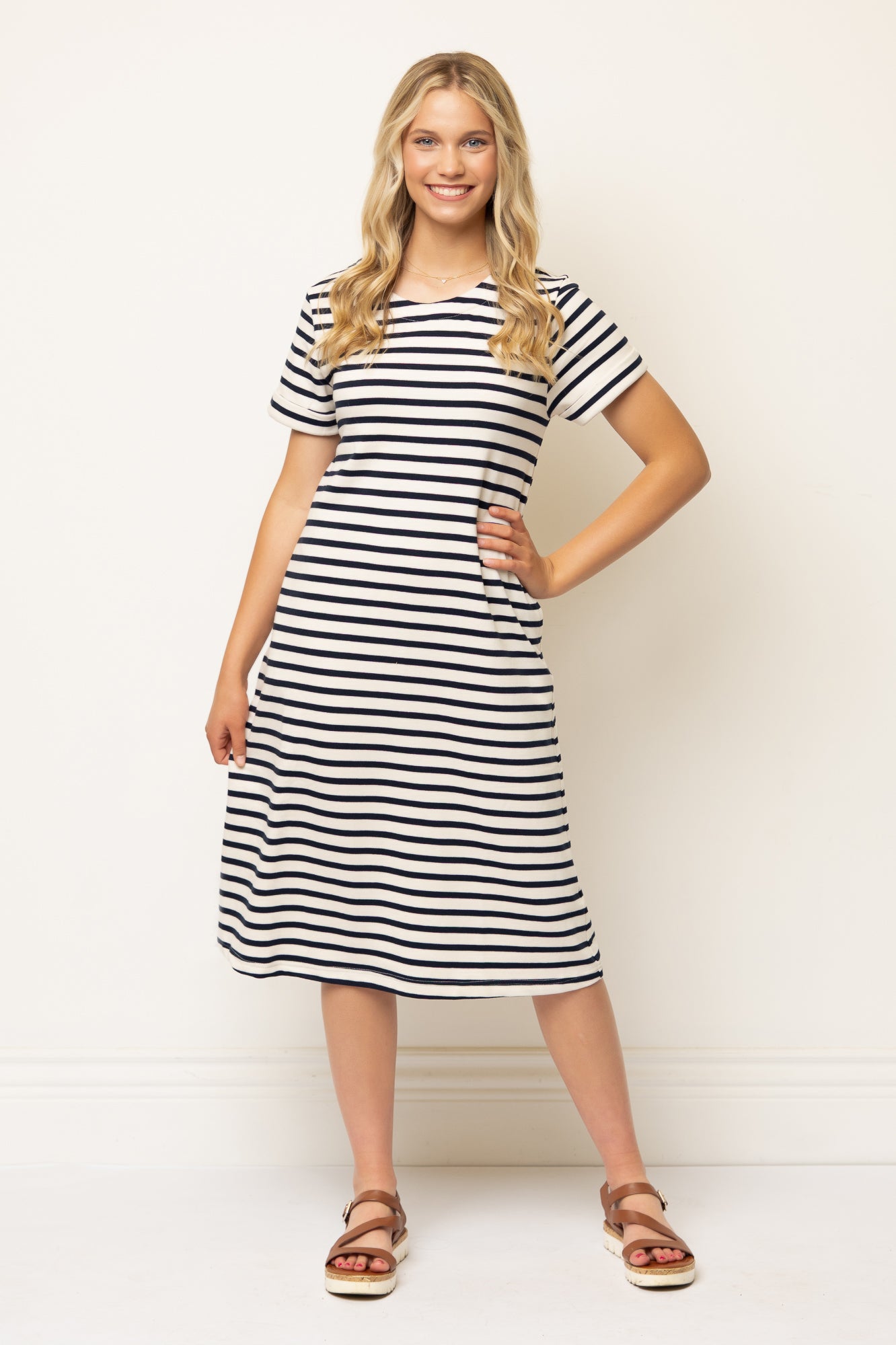 Short Sleeve A-line Striped Below Knee Dress- Navy/Cream Stripe Ponte Cotton Knit