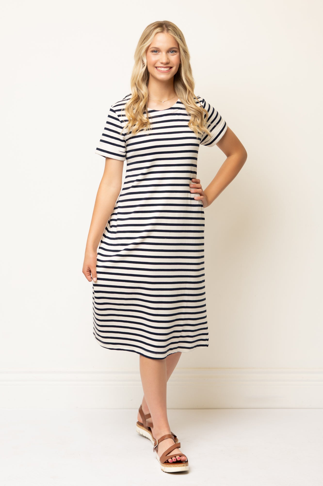 Short Sleeve A-line Striped Below Knee Dress- Navy/Cream Stripe Ponte Cotton Knit