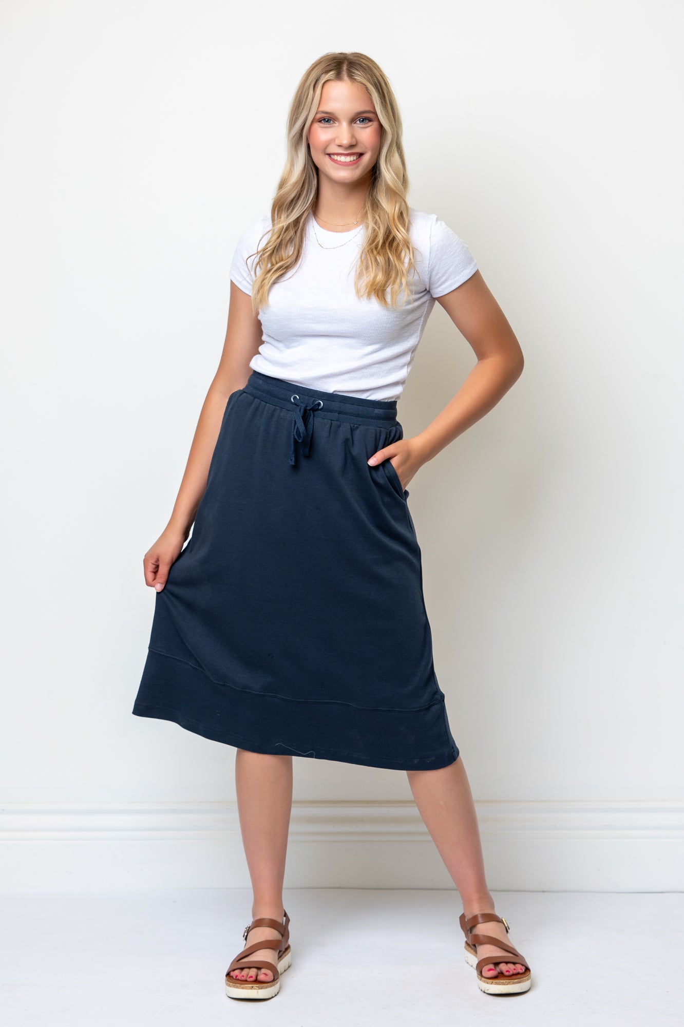 Knit Drawstring Waist Midi Length Skirt- Navy